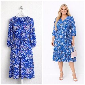 Talbots Fit & Flare Midi Dress in Floating Floral Blue & Pink Multicolor Size L